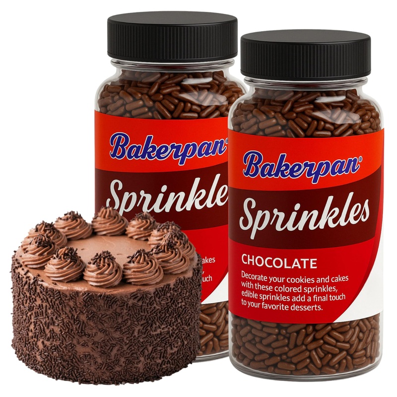 Bakerpan Chocolate Sprinkles For Cake Decorating - 2 Bottles Of 4.3 Ounces Chocolate Jimmies Sprinkles For Ice Cream, Baking, Cu