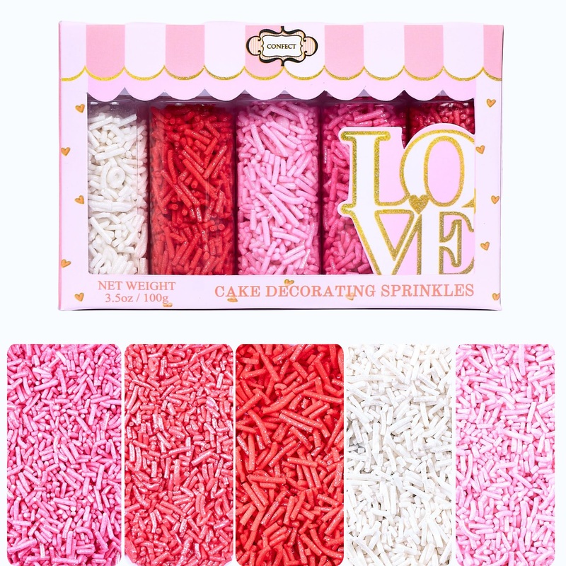 Confect Pink, Red, Blush Pink & White Jimmies Sprinkles Mix - Edible Baking Decorations For Cakes, Cupcakes, Cookies - Celebrati