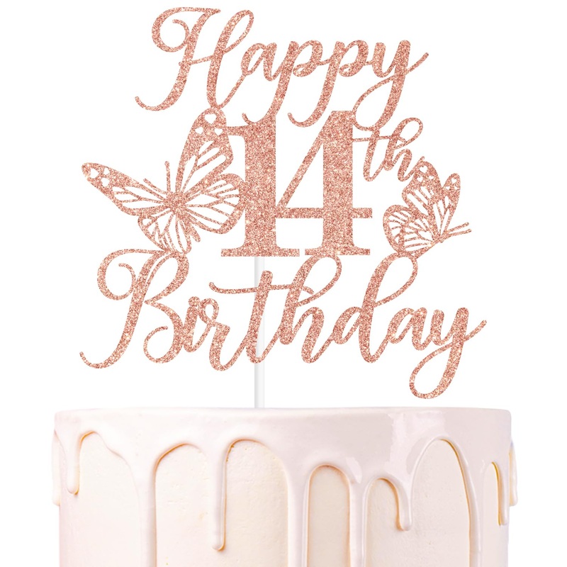 Rose Gold Glitter Happy 14Th Birthday Cake Topper, Butterfly Happy 14Th Birthday/Cheers To 14 Years, Butterfly Themed 14Th Birth