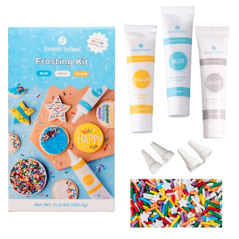Sweets Indeed Frosting Kit Plus Sprinkles Frosting Tubes Nozzles 11.71 Ounces Perfect For Baking And Cookie Decoarting (Rainbow)