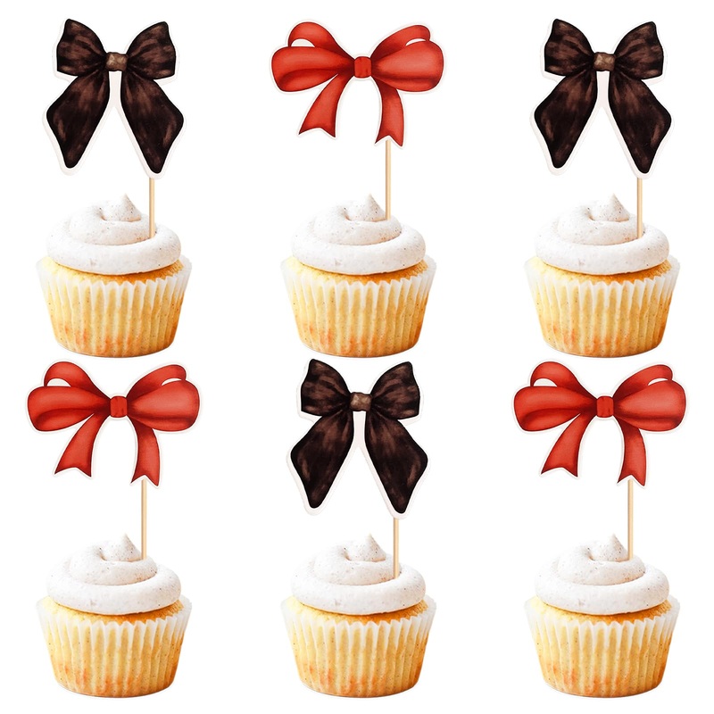 24 Pack Bow Cupcake Toppers Red Black Bowknot Cupcake Picks Bridal Shower Baby Shower Girls Theme Cake Dessert Picks Decoration