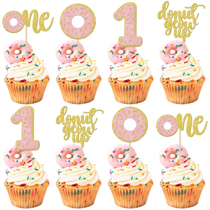 24 Pcs Donut First Birthday Cupcake Toppers Glitter Donut Grow Up One Cupcake Picks Donut 1St Birthday Party Decorations For Don