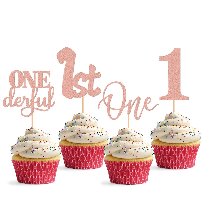 24Pack First Birthday Cupcake Topper - Glitter Pink One Cupcake Picks,1St Birthday Cupcake Decorations Supplies (Pink)