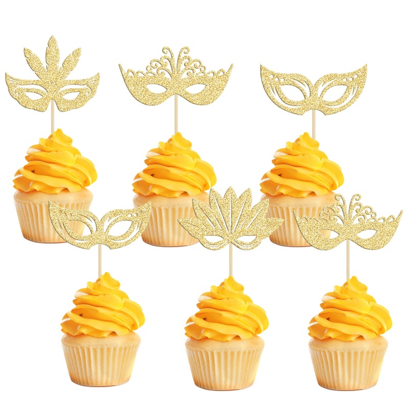 24Pcs Masquerade Masks Cupcake Toppers Gold Glitter Mask Cupcake Picks For Masquerade Mardi Gras Party Baby Shower Birthday Wedd