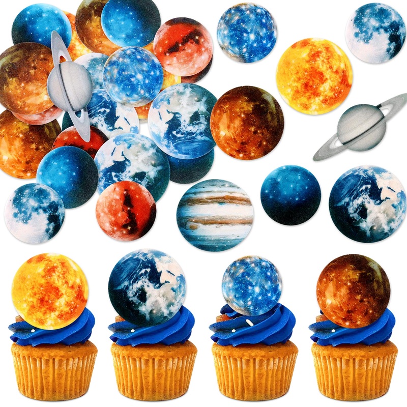 54 Pcs Edible Outer Space Cupcake Toppers Wafer Paper Solar System Galaxy Universe Planets Cupcake Picks For Drink Topper Baby S