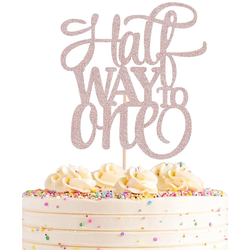 Ahaoray Half Way To One Cake Topper - Rose Gold Glitter 6 Months Birthday Decorations Supplies - Half Birthday Decorations Baby