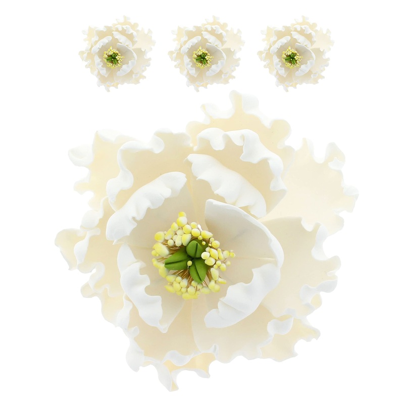 Cake Flowers - Gumpaste Flower For Cakes - White Bloom Peony Decoration For Cakes - Handmade - 3 Count - By Global Sugar Art And