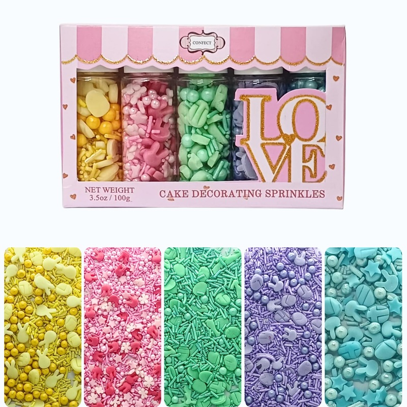 Confect Baby Shower Sprinkles - Assorted Pack Of 5 (Parrot Green, Pink, Purple & Yellow) | Edible Sprinkles For Baking, Cake & C