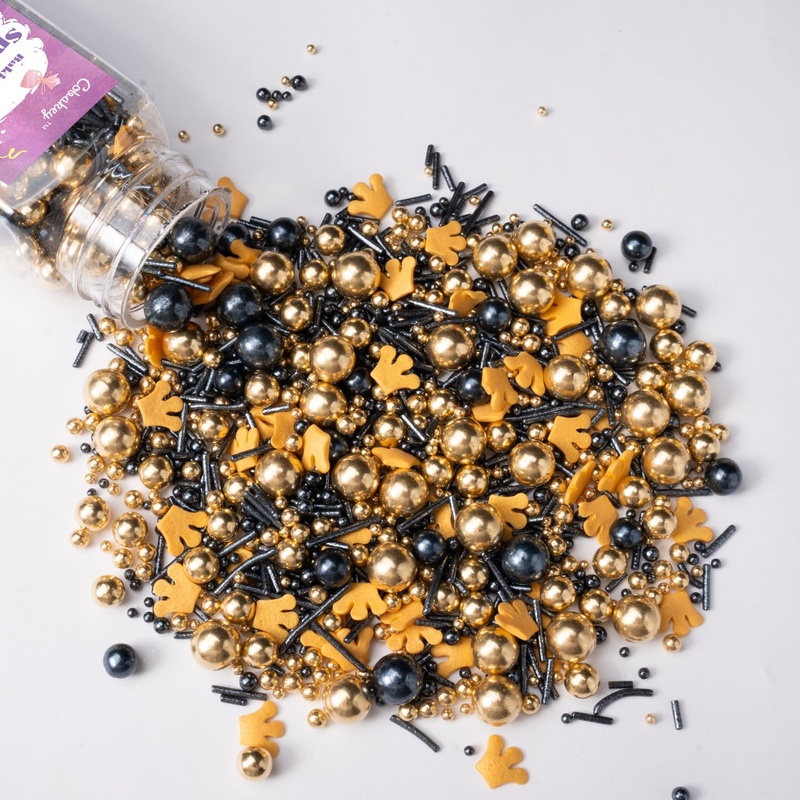 Royal Crown Black And Gold Sprinkles For Cake Decorating 4.23Ounce - Sugar Mix Contains Jimmies & Pearl Sprinkles For Cupcake To