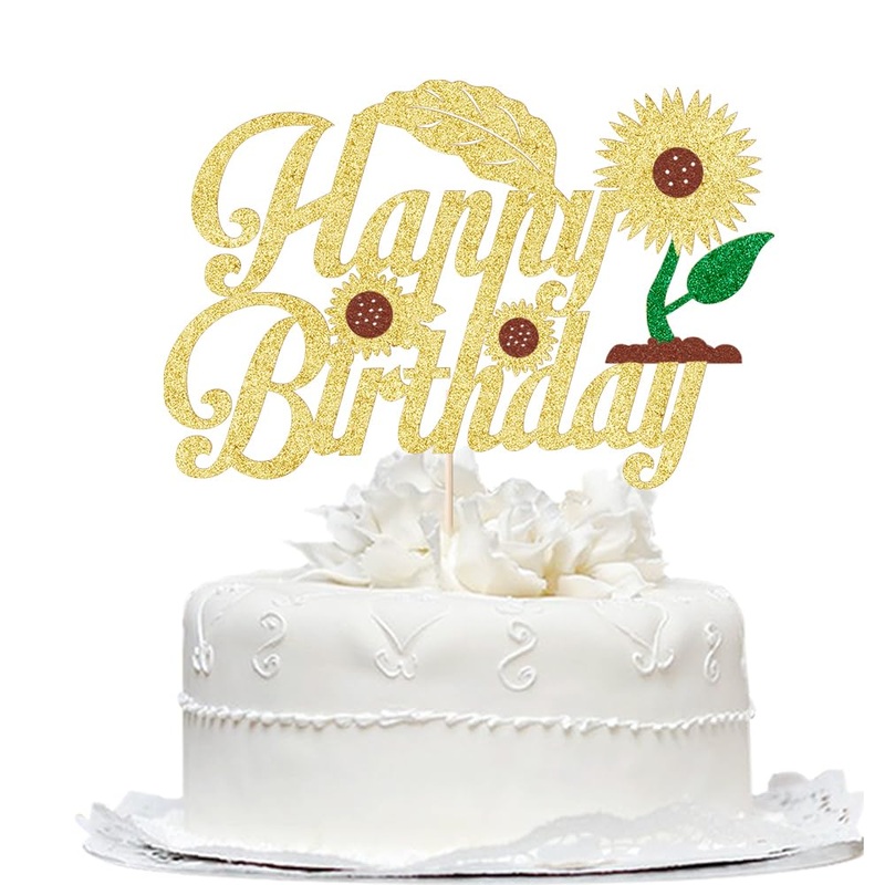 1 Pack Happy Birthday Cake Topper Glitter Sunflower Cake Pick Baby Shower,Sunflower Theme Party Decoration, Kids Boy Girl Birthd