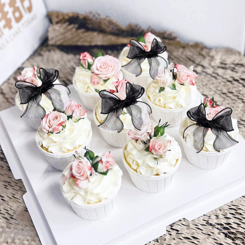 20 Pack Bow Cupcake Toppers Birthday Bowknot Black Bow High Footed Cup Balloon Party Decorations Cupcake Picks Bridal Cake Desse