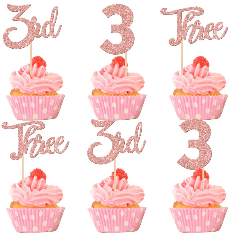 24 Pcs 3Rd Birthday Cupcake Toppers Glitter Three Cupcake Picks Number 3 Third Birthday Cupcake Decorations For Baby Shower Kids