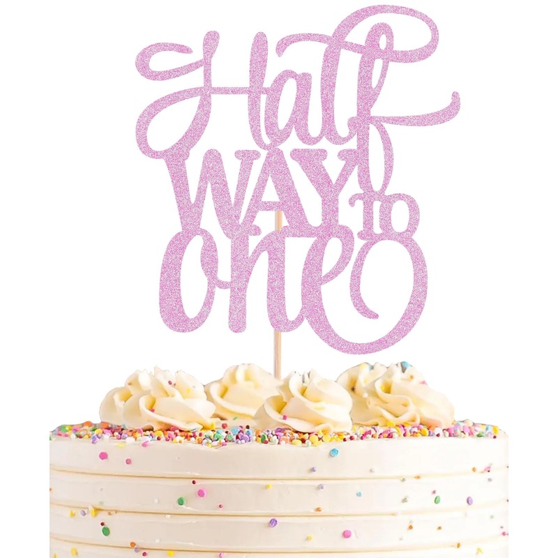 Ahaoray Half Way To One Cake Topper - Pink Glitter 6 Months Birthday Decorations Supplies - Half Birthday Decorations Baby Girl,
