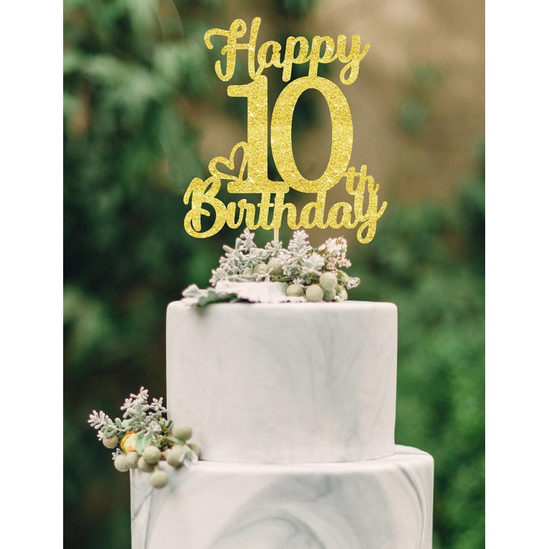 10Th Birthday Cake Topper - Double Sided Gold Glitter, Happy 10Th Birthday Cake Topper For Girls,10 Cake Decorations For Girls,