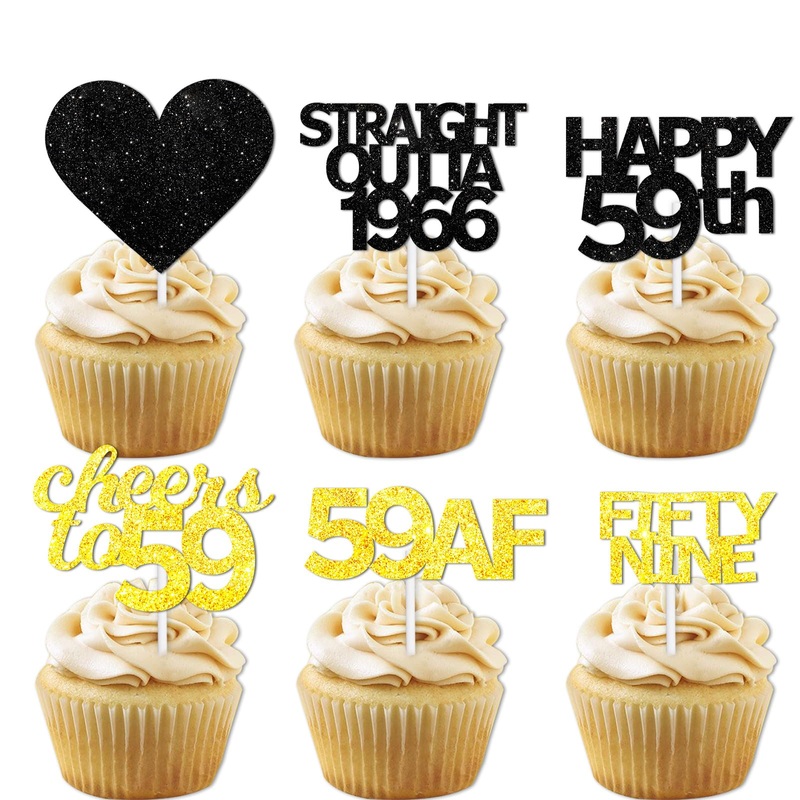 18Pcs Black Gold Glitter Dessert Cupcake Pick For Straight Outta 1966 Cheer To 59 Years Old Theme Decor Supplies Happy 59Th Birt