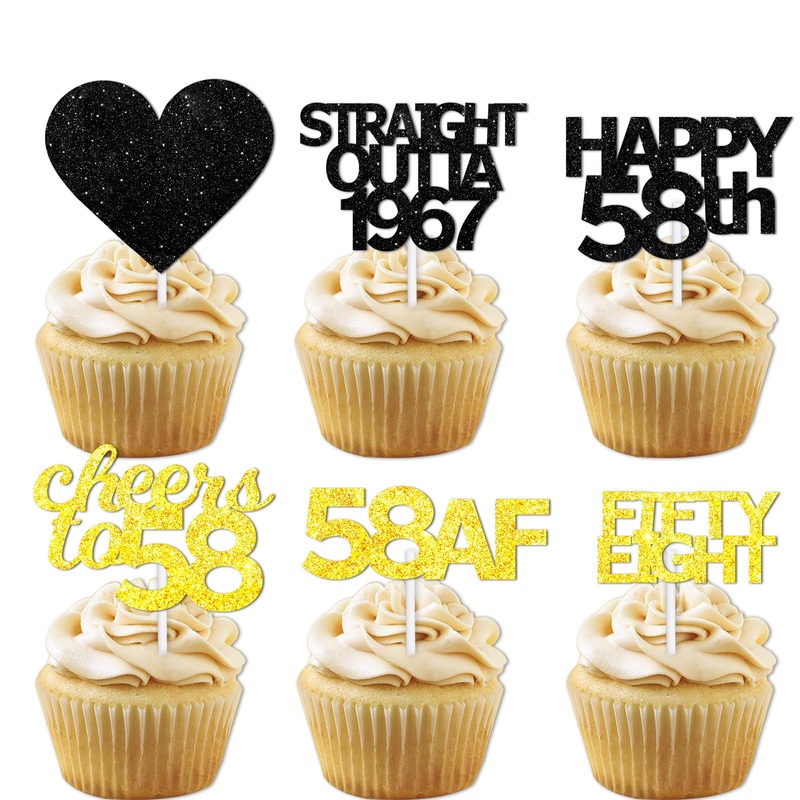 18Pcs Black Gold Glitter Dessert Cupcake Pick For Straight Outta 1967 Cheer To 58 Years Old Theme Decor Supplies Happy 58Th Birt