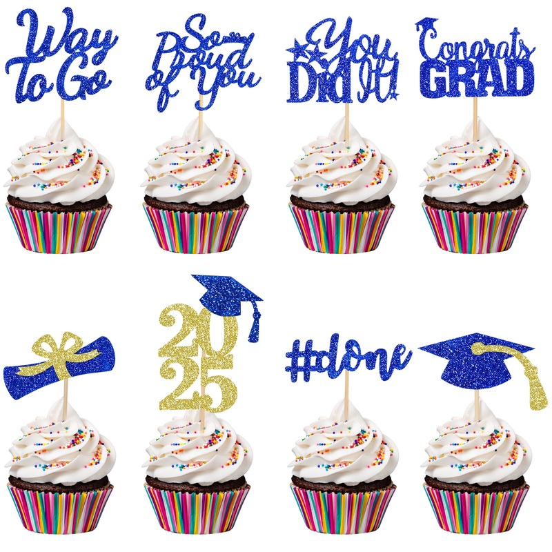 32Pcs Graduation Cupcake Toppers 2025 Blue And Gold, Congrats Grad Class Of 2025 Graduation Cupcake Toppers Picks For 2025 Party