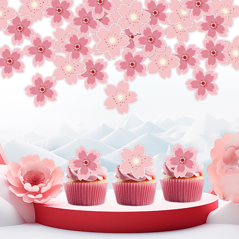 48Pcs Edible Cherry Blossom Cake Decoration Cherry Blossom Flowers Cupcake Toppers Wafer Paper Flowers Cake Decoration Wedding B
