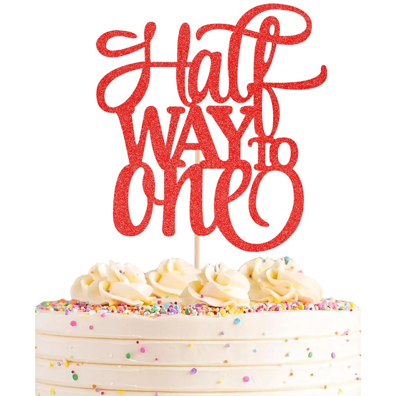 Ahaoray Half Way To One Cake Topper - Red Glitter 6 Months Birthday Decorations Supplies - Half Birthday Decorations Baby Girl,