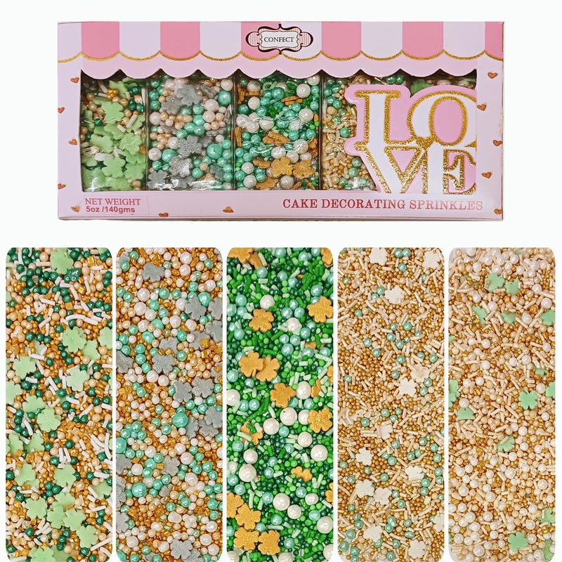 Confect St. Patricks Green & Gold Leaf Sprinkles | White Pearl Sprinkles | Gold Star Sprinkles | Edible Sprinkles | Sprinkles Fo