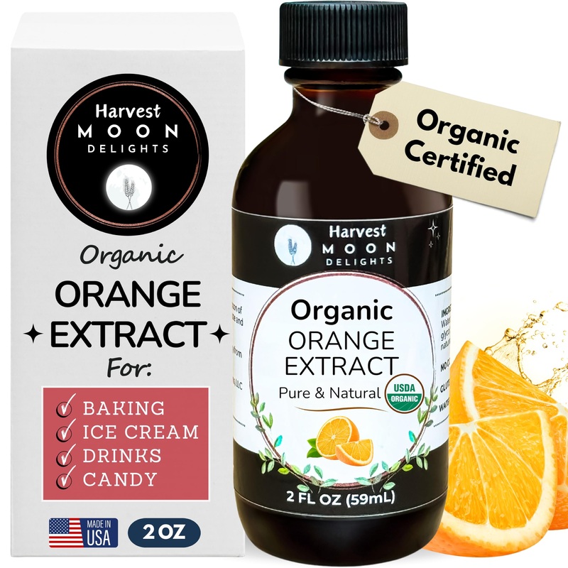 Organic Orange Extract For Baking, Ice Cream, Drinks, And Candy - 2 Oz - Water-Soluble - By Harvest Moon Delights - Pure Orange