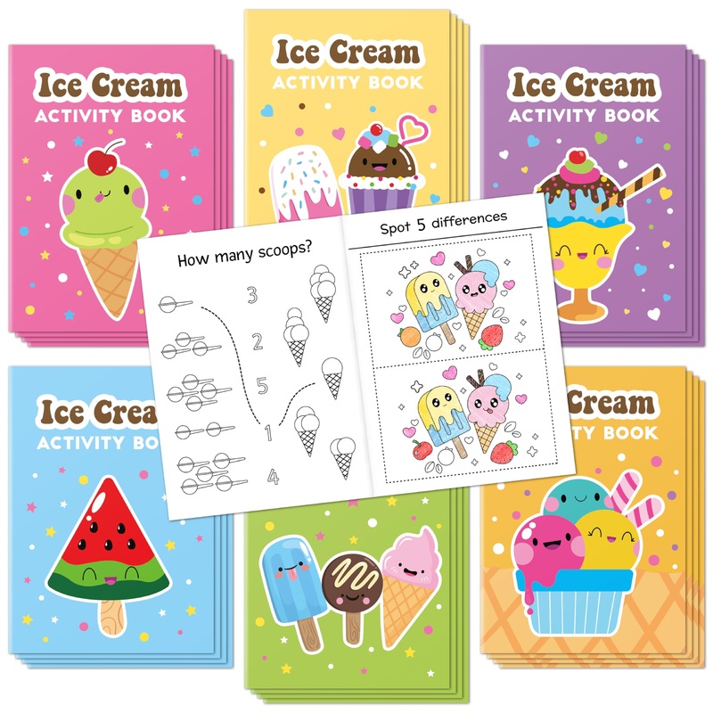 X1Zuue Ice Cream Activity Books For Kids 24Pcs Summer Ice Cream Mini Games Coloring Book Set Bulk Mazes Word Search Word Scrambl