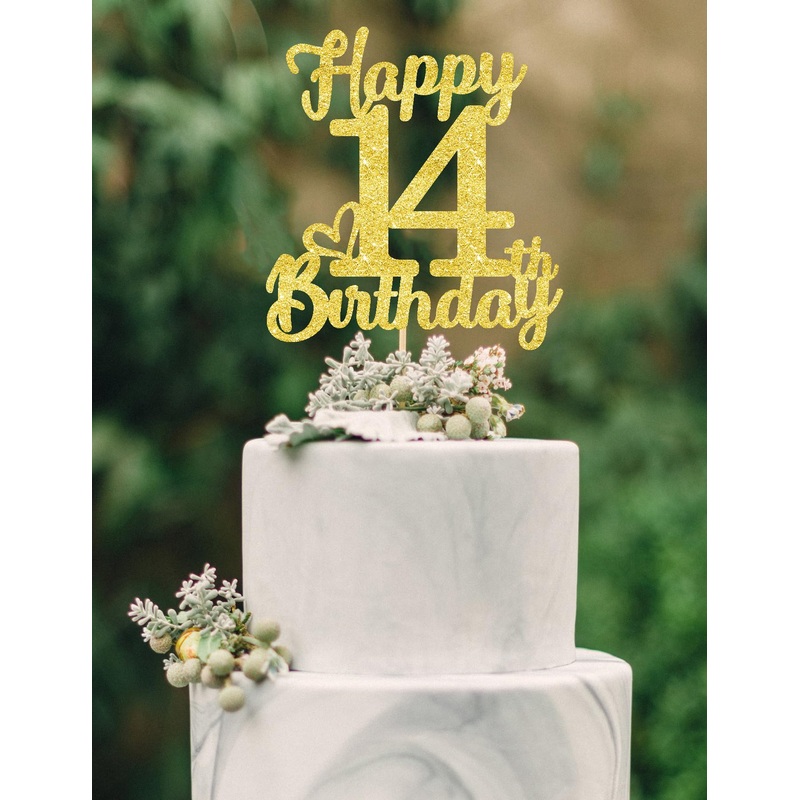 14Th Birthday Cake Topper - Double Sided Gold Glitter, Happy 14Th Birthday Cake Topper For Girls,14 Cake Decorations For Girls,