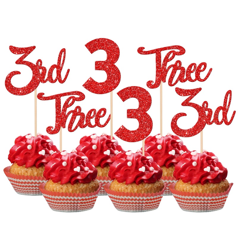 24 Pcs Three Cupcake Toppers Glitter 3Rd Birthday Cupcake Picks Number 3 Third Birthday Three Cake Decorations For Baby Shower K