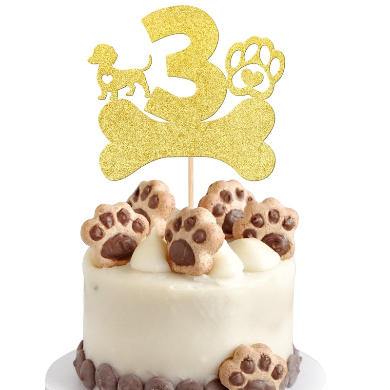 1 Pcs 3Rd Birthday Cake Topper With Gold Glitter Dog Paw Three Years Old Birthday Cake Pick Puppy Dog Bone Cake Decorations For
