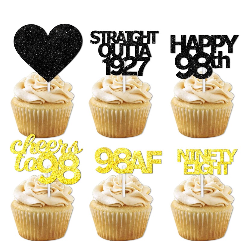 18Pcs Black Gold Glitter Dessert Cupcake Pick For Straight Outta 1927 Cheer To 98 Years Old Theme Decor Supplies Happy 98Th Birt