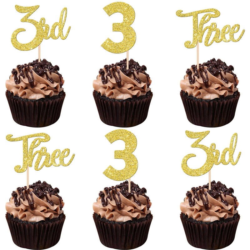 24 Pcs 3Rd Birthday Cupcake Toppers Glitter Third Birthday Three Cupcake Picks Number 3 Cake Toppers For Baby Shower Kids 3Rd Bi