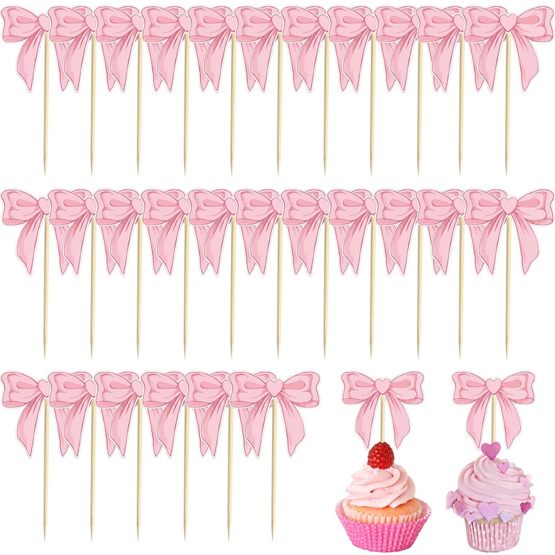 24 Pcs Bow Cupcake Toppers Suitable For Girls Birthday Party Anniversaries Baby Shower Pink Bow Birthday Cake Decorations Single