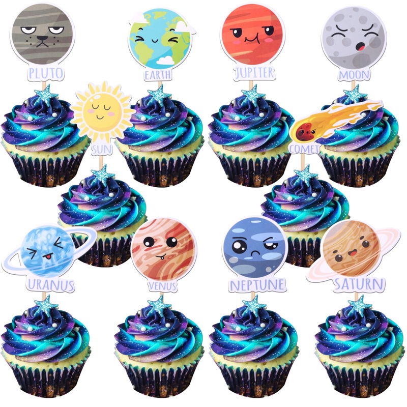 30 Pcs Outer Space Cupcake Toppers Solar System Galaxy Universe Planets Cupcake Picks Space Planet Theme Baby Shower Birthday Pa