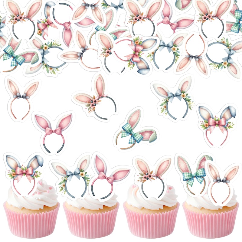 30Pcs Edible Easter Bunny Ear Cupcake Toppers Edible Rabbit Ears Bowknot Cupcake Picks Wafer Paper Bunny Ear Cake Toppers For Ha