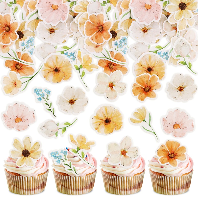 44 Pack Edible Flower Cupcake Toppers Spring Bridal Engagement Baby Shower Birthday Party Cupcake Picks Anniversary Drink Topper