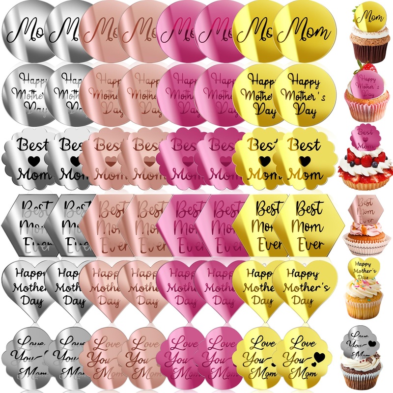 48 Pcs Acrylic Mirror Disc Cupcake Toppers For Mother'S Day Cake Decorations, 6 Styles 4 Colors Happy Mother'S Day Acrylic Cake