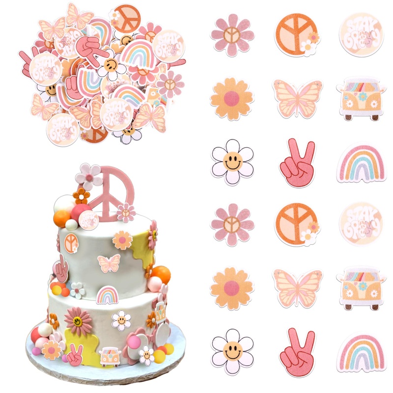 63 Pcs Edible Hippie Party Cupcake Toppers Peace Sign Hand Butterfly Two Groovy Cupcake Picks Dasiy 60S Retro Boho Cake Decorati