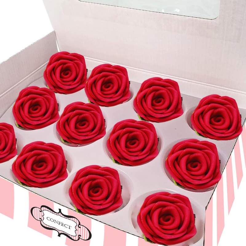 Confect Edible Rose Cake Toppers - Edible Roses For Cupcake & Cake Decorations- Vegan, Gluten-Free, Dairy-Free, Palm Oil-Free -E