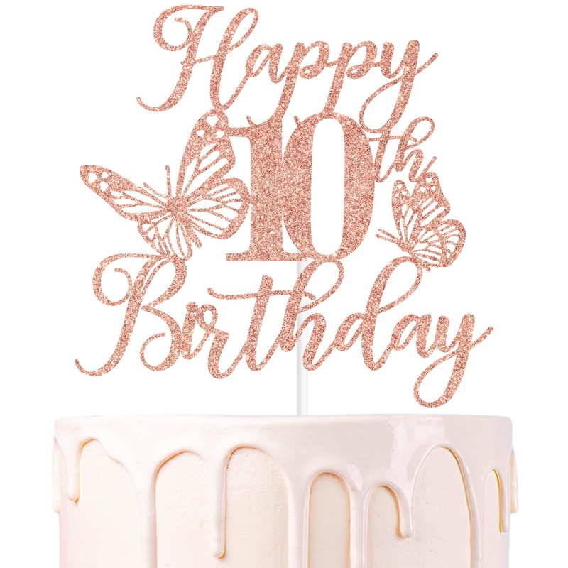 Rose Gold Glitter Happy 10Th Birthday Cake Topper, Butterfly Happy 10Th Birthday/Cheers To 10 Years, Butterfly Themed 10Th Birth