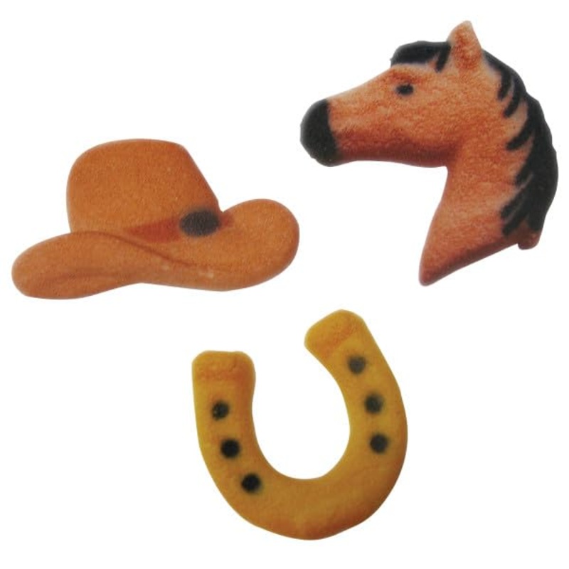 Western - Cowboy Hat, Horse And Horse Shoe Edible Sugar Cake Toppers, 12 Count