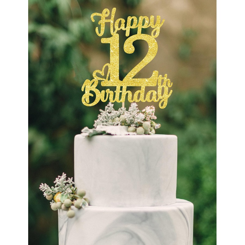 12Th Birthday Cake Topper - Double Sided Gold Glitter, Happy 12Th Birthday Cake Topper For Girls,12 Cake Decorations For Girls,