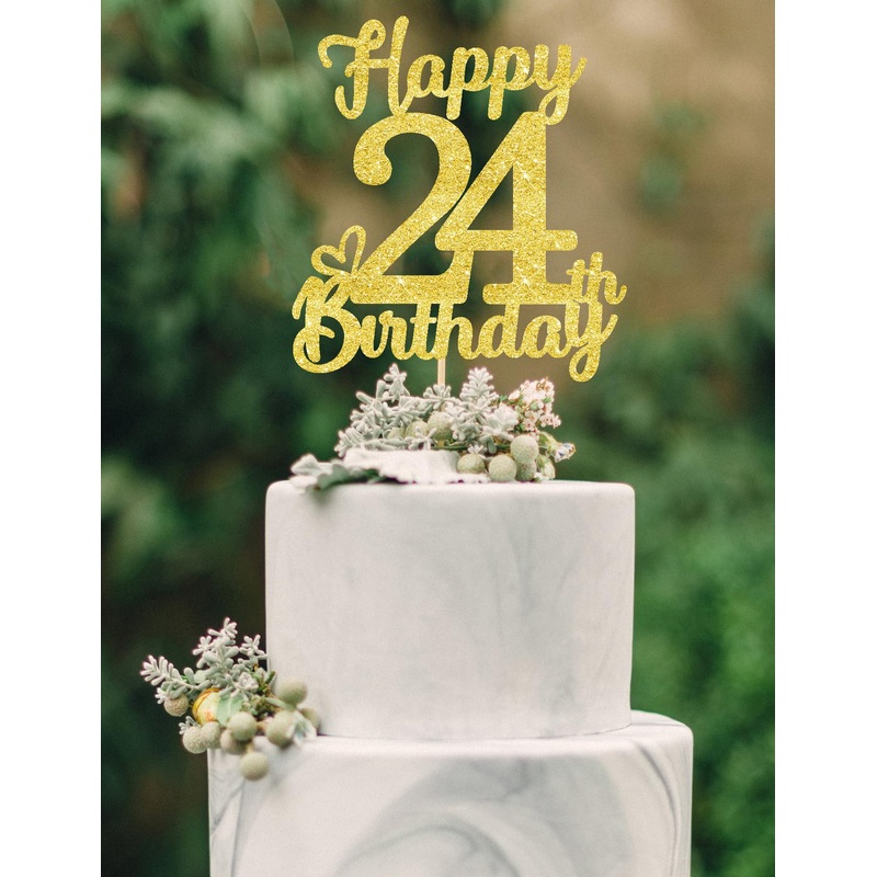 24 Birthday Cake Toppers-Gold Glitter, 24Th Cake Topper For Men,24 Cake Topper For Women, 24Th Birthday Decorations,24Th Birthda