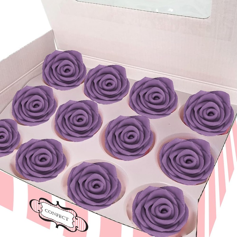 Confect Edible Rose Topper -Edible True Purple Rose Toppers For Cake & Cupcake - Edible Roses For Desserts- Vegan, Gluten-Free,