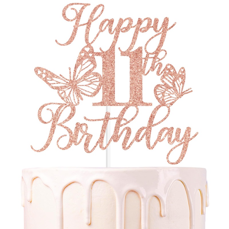 Rose Gold Glitter Happy 11Th Birthday Cake Topper, Butterfly Happy 11Th Birthday/Cheers To 11 Years, Butterfly Themed 11Th Birth