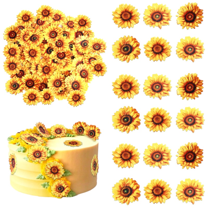 60 Pcs Edible Sunflower Cupcake Toppers Edible Flowers Cake Decorations Edible Paper Sunflower Party Decorations For Baby Shower