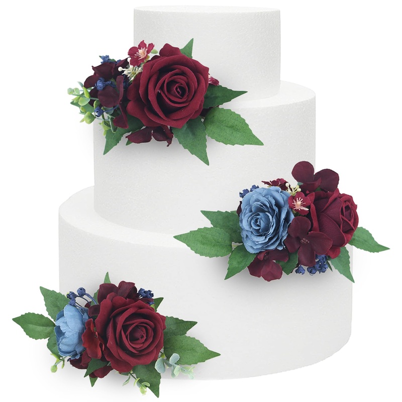 Rinlong 3Pcs Pre-Made Cake Toppers - Flowers For Christmas, Wedding, Baptism - Burgundy, Navy Xmas Cake Decorations